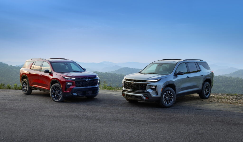 Chevrolet Traverse SUVs are shown side by side, featured in a Chevrolet Traverse Review 2026 focused on size and design.