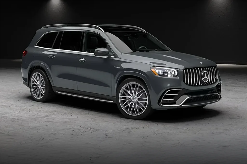 Gray Mercedes-Benz GLS SUV shown in a studio in front three-quarter view for a Mercedes-Benz GLS Review.