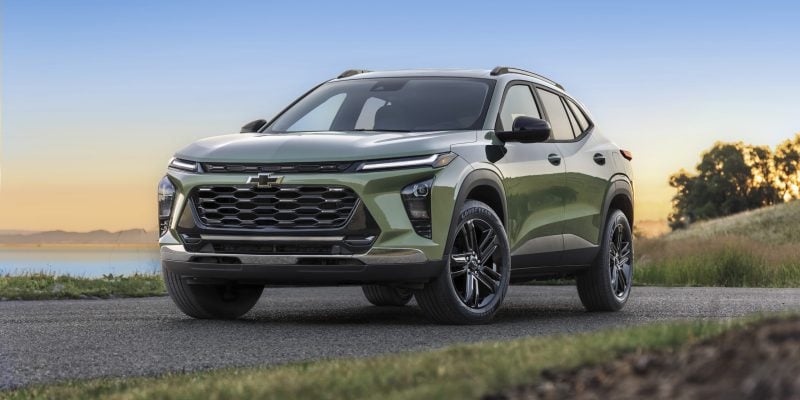 Chevrolet Trax Review image of a green 2026 Chevrolet Trax, front three-quarter view